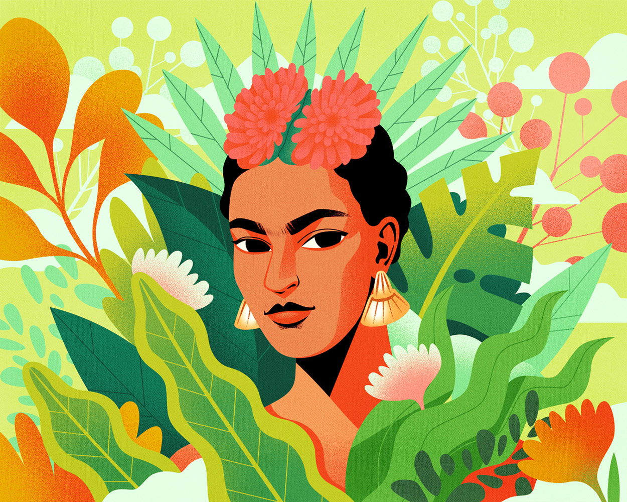 'Portrait of Frida Kahlo surrounded by plants and flowers