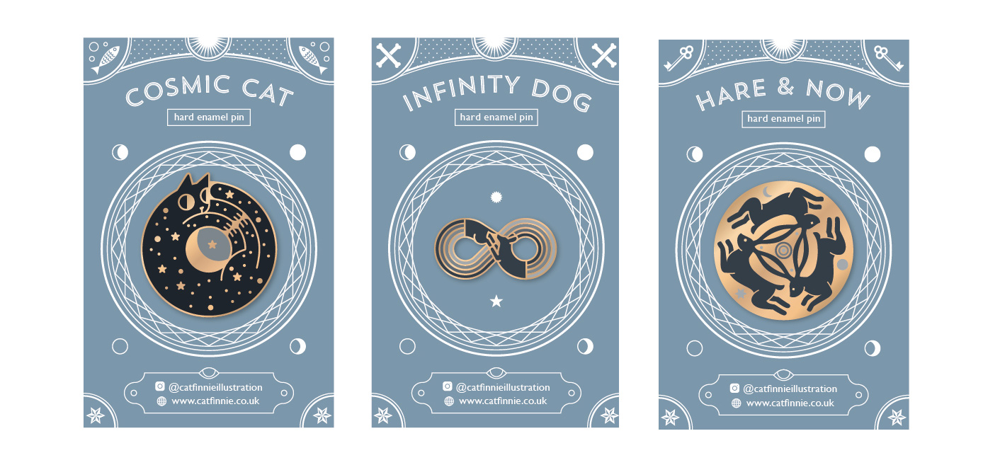 'Mystic animal' enamel pin set on backing cards, featuring Cosmic Cat, Infinity Dog, Hare & Now
