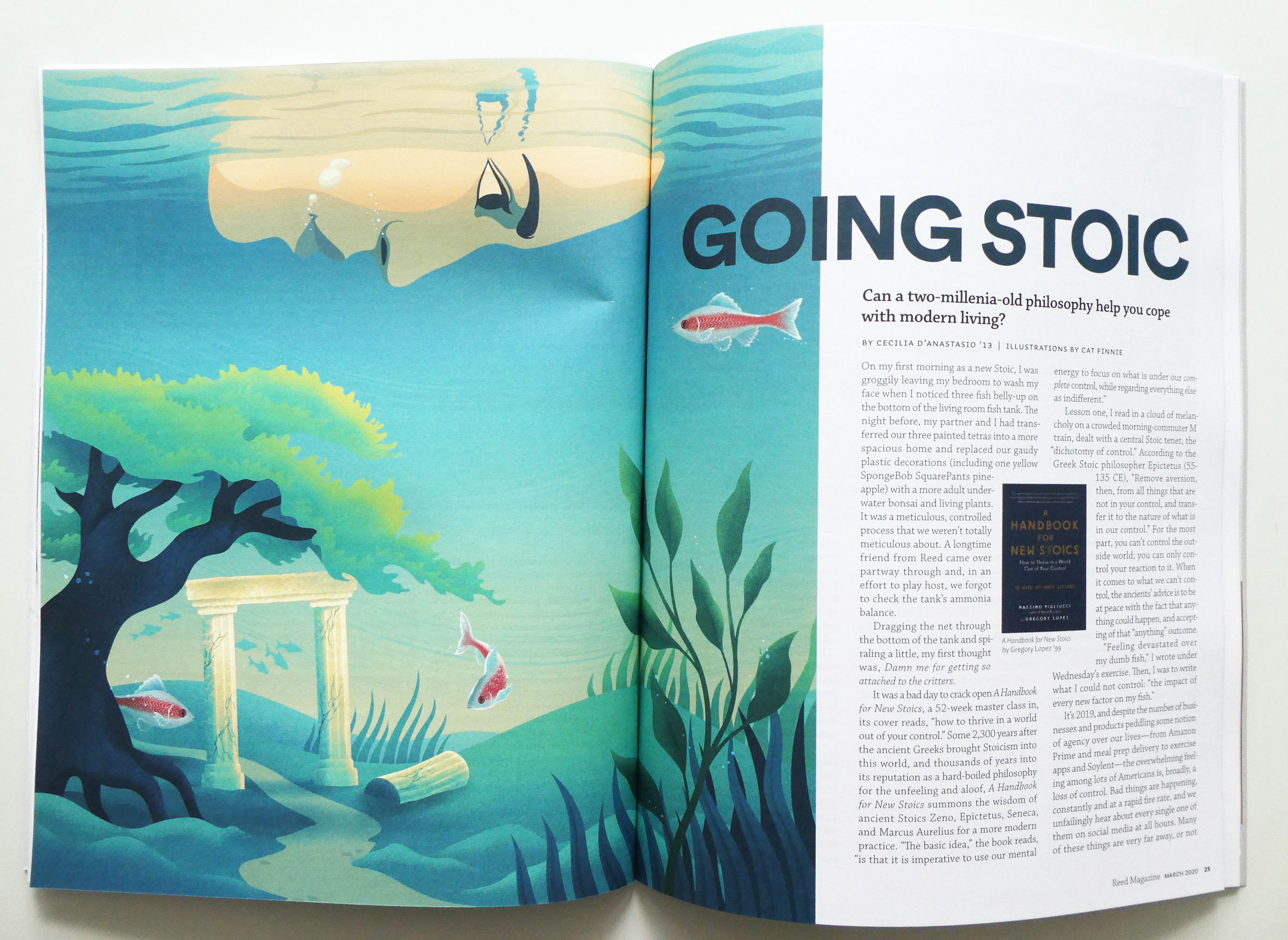 Interior illustration for Reed Magazine, 'Going Stoic'